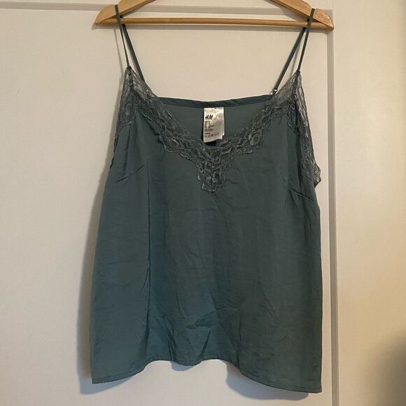 H&M Green Lace Tank Top Cami Satiny Feeling Business Casual Camisole Shirt - Picture 1 of 7